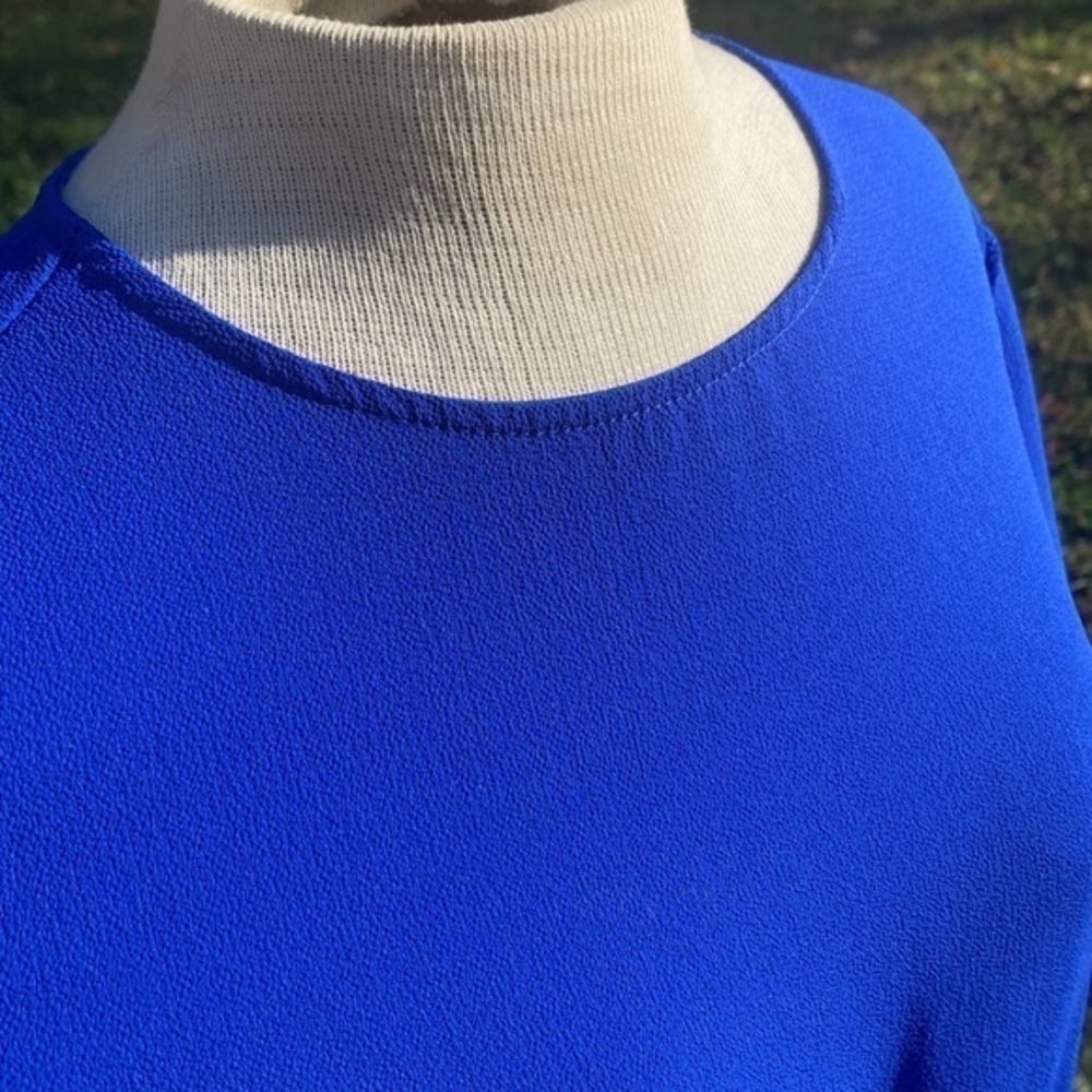 beige by eci royal blue asymmetrical blouse, crew neck, short sleeve - Picture 7 of 9